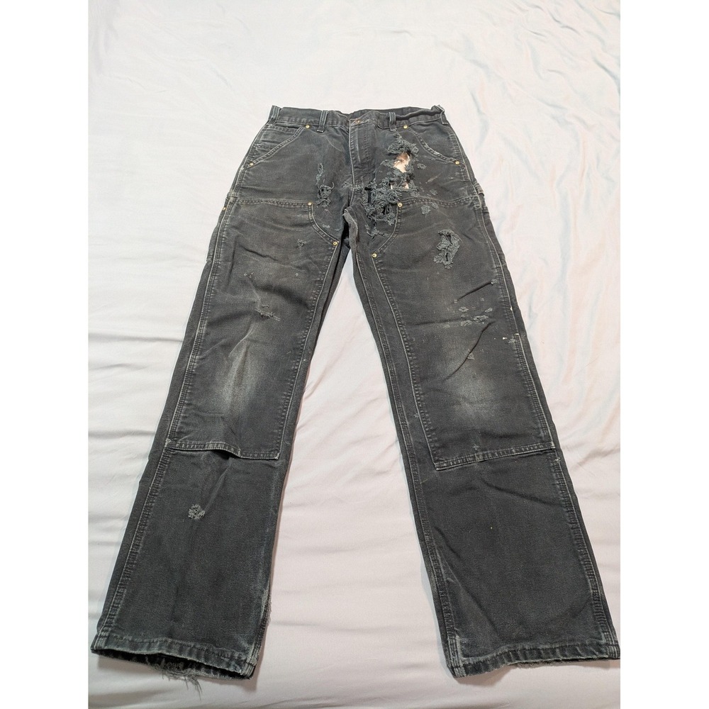 Carhartt Double Knee Pants 32 x 32 Mens Thrashed Distressed Black Dungaree Worn